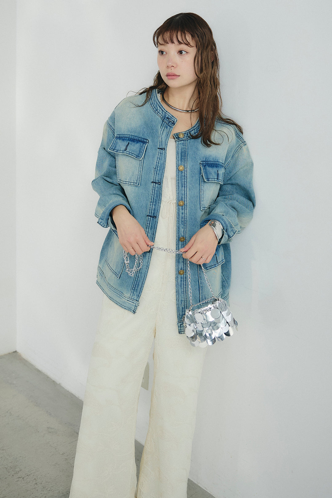 [SET]ノーカラーデニムポケットジャケット+レースサロペット(2set)