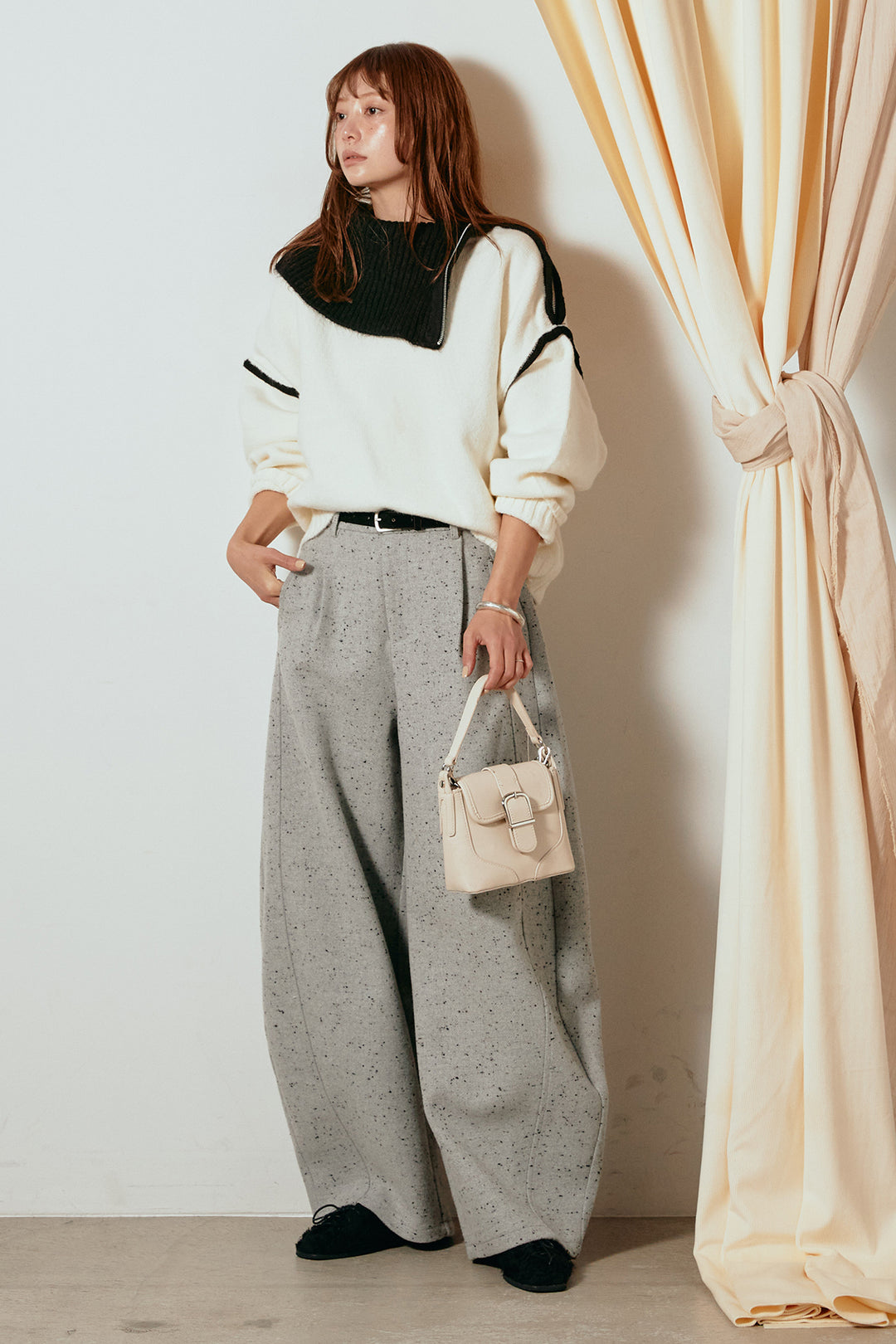 [SET]ハイネックジップデザインニットトップス+ベルト付きネップツイードカーブパンツ(2set)