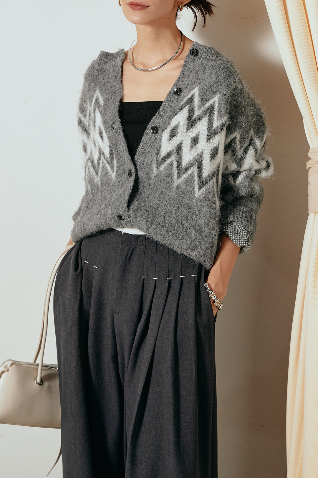[SET]起毛ノルディック柄ニットカーディガン+ウエストステッチデザインワイドスラックス(2set)