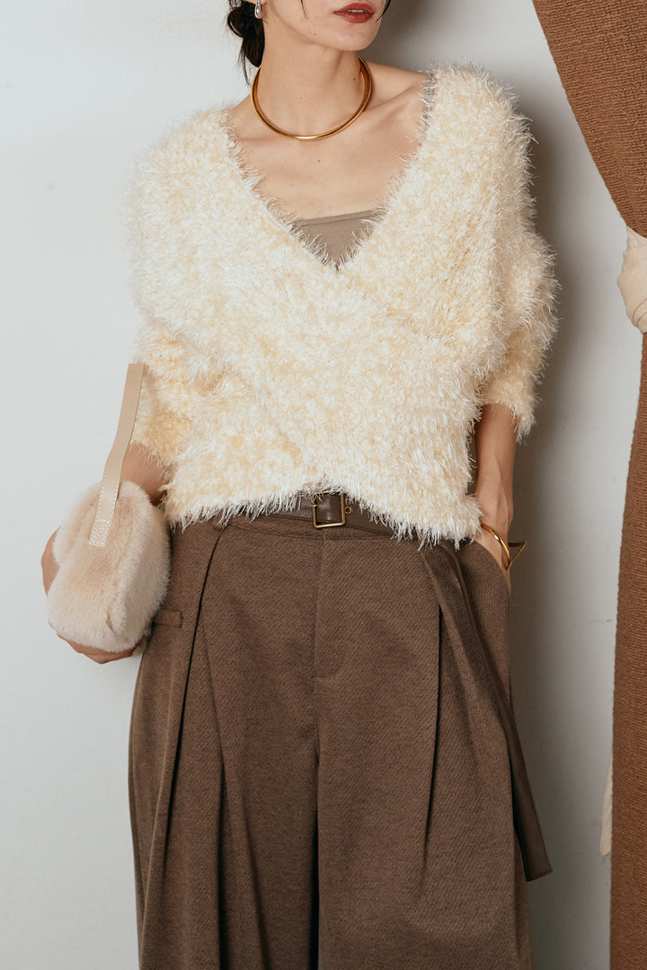 [SET]シャギークロスニットトップス+細ベルト付き起毛タックワイドパンツ(2set)