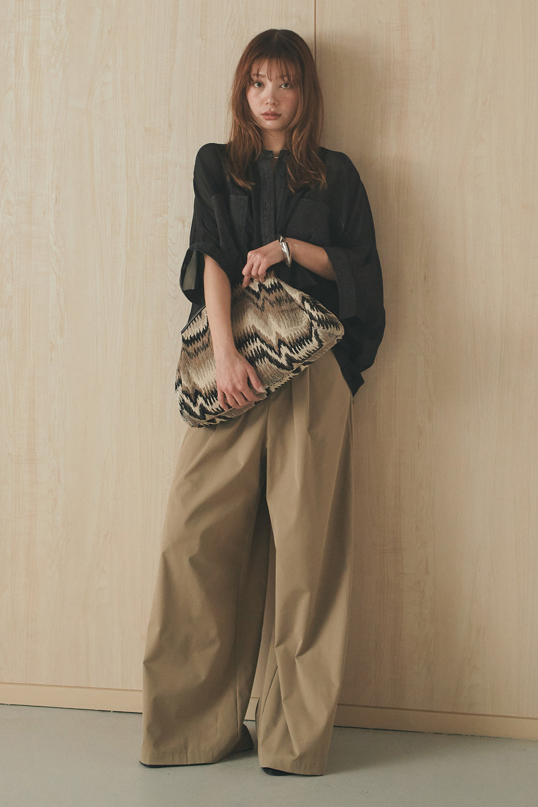 [SET]デニムライクビッグツーポケシアーシャツ+ベルトループデザインハイウエストタックパンツ(2set)