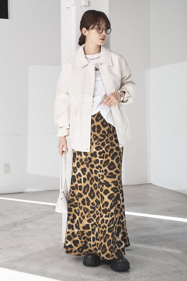 [SET]レザーライクオーバーサイズブルゾン+レオパードサテンナロースカート(2set)