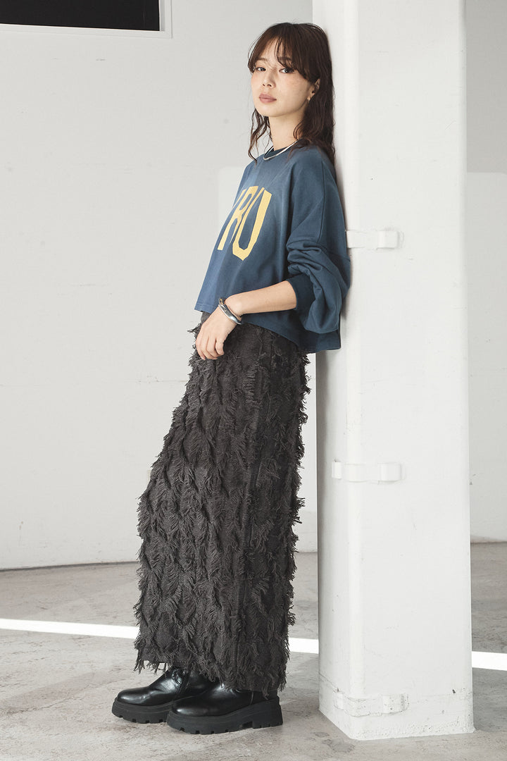 [SET]ビッグロゴHRU袖ボリュームトップス+カットフリンジニットタイトスカート(2set)