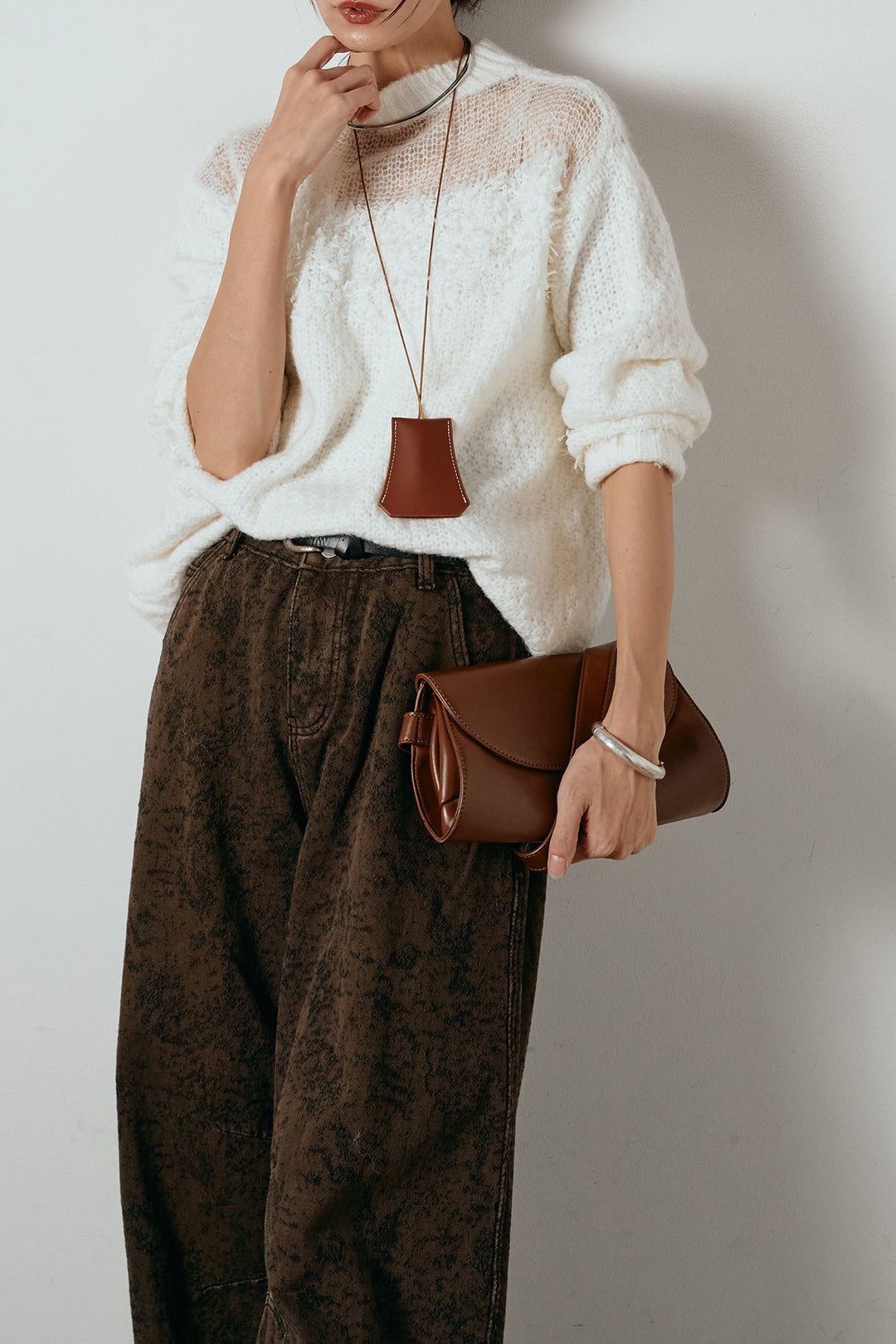 [SET]パターンランダム編みニットトップス+ベルト付きニュアンス柄カーブワイドパンツ(2set)