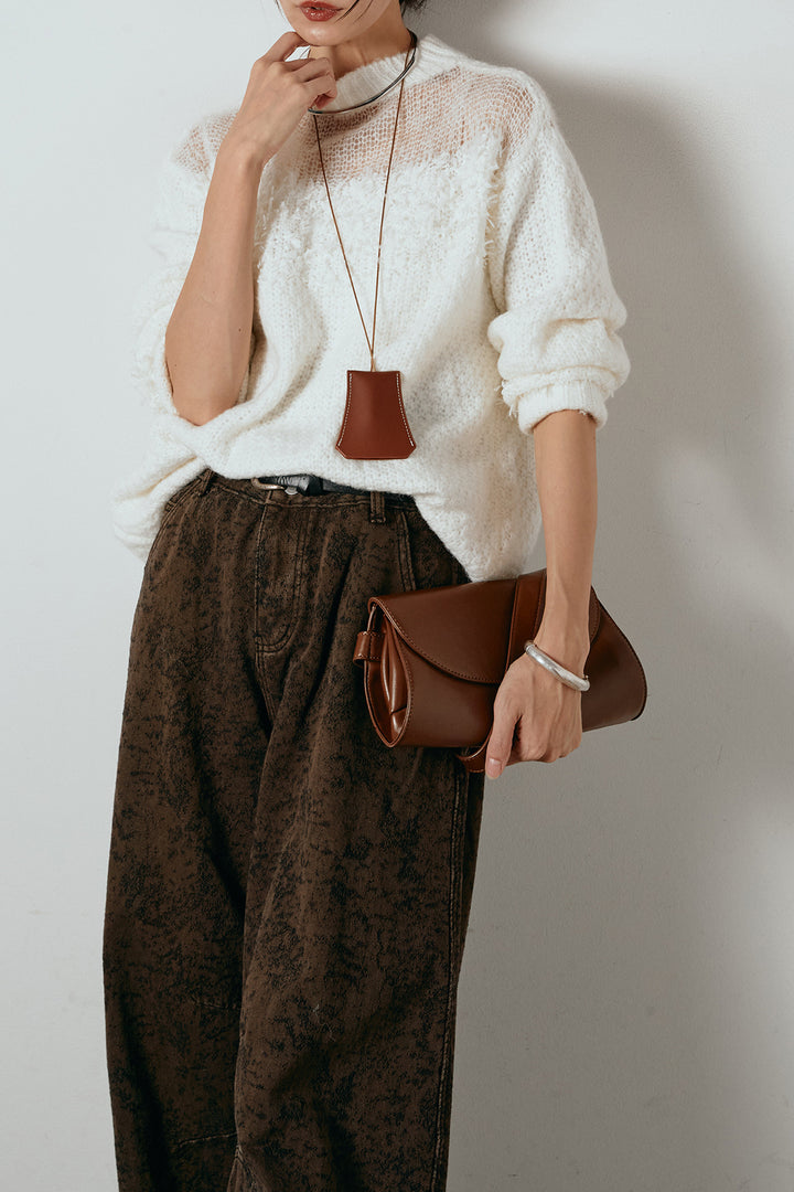 [SET]パターンランダム編みニットトップス+ベルト付きニュアンス柄カーブワイドパンツ(2set)