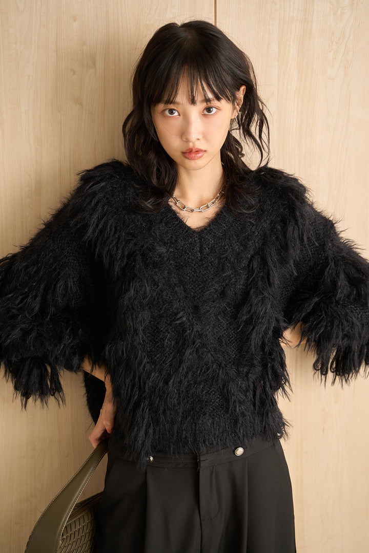 [SET]ランダムロングシャギーVネックニット+ナポレオンボタンデザインワイドパンツ(2set)