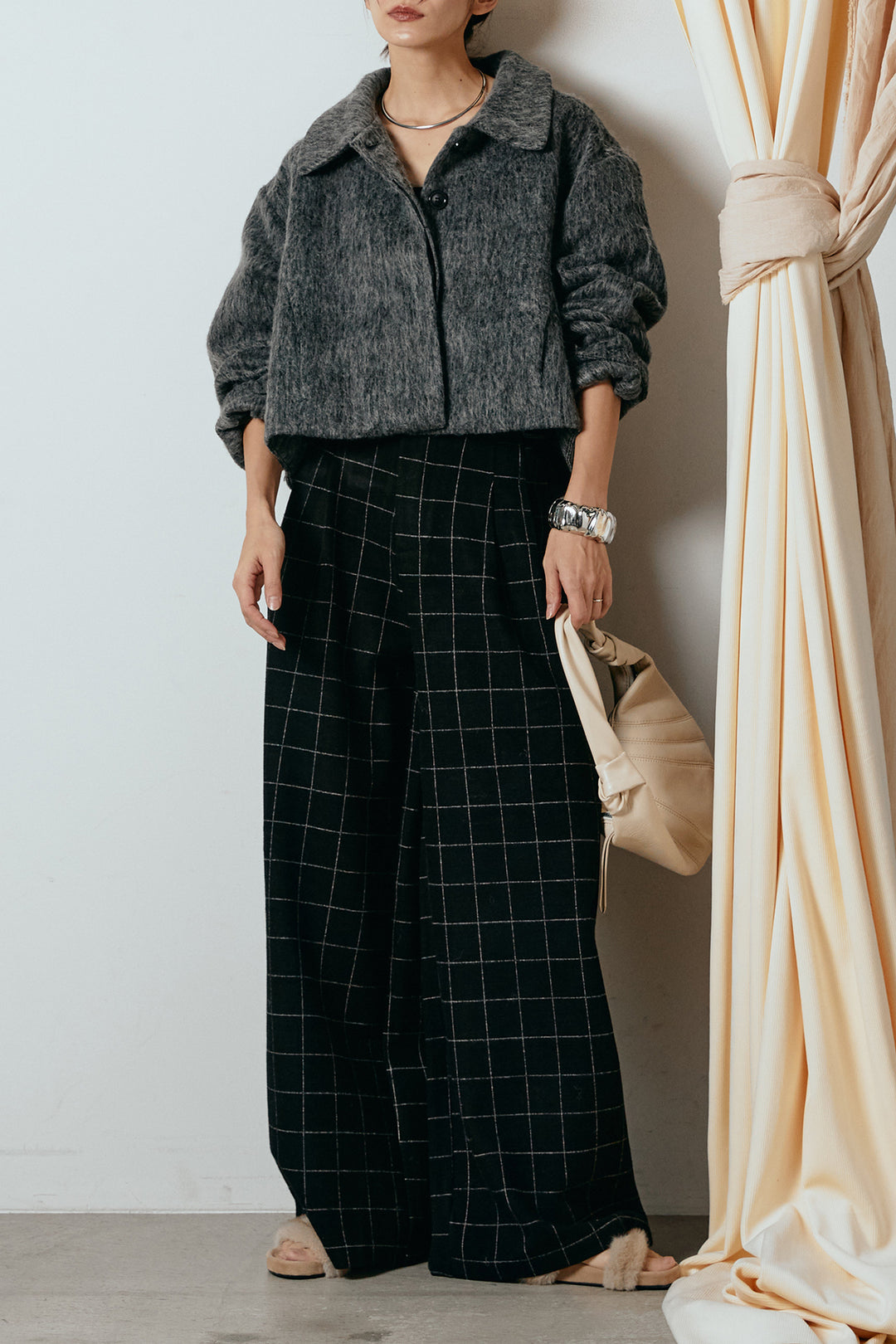 [SET]シャギーショートジャケット+スクエアチェック柄ワイドパンツ(2set)