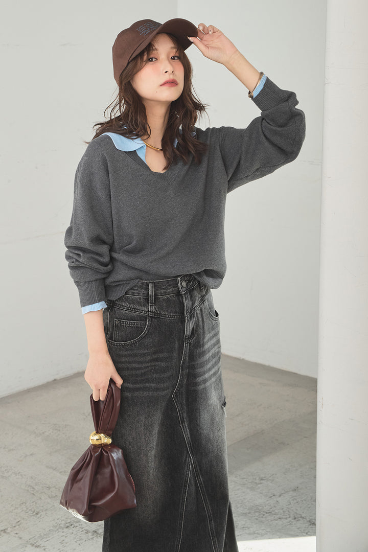 [SET]バイカラーニットレイヤード風プルオーバー+Aラインデニムスカート(2set)