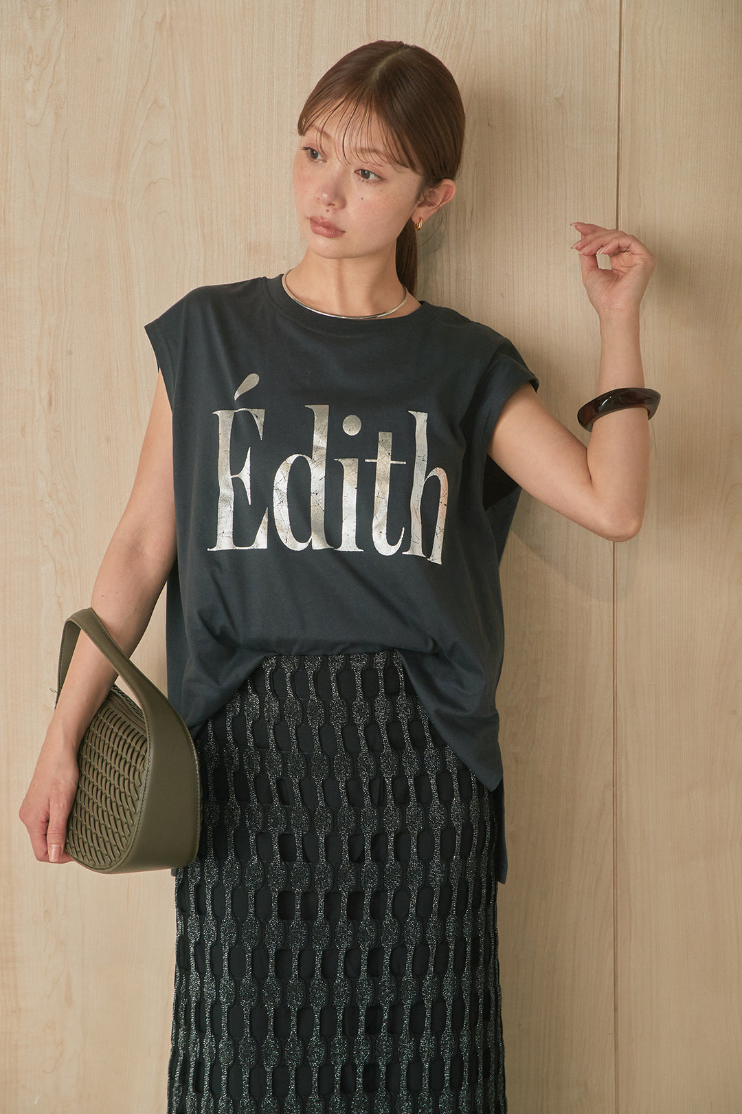[SET]箔ロゴプリントノースリーブTシャツ+メッシュ編みスカート(2set)