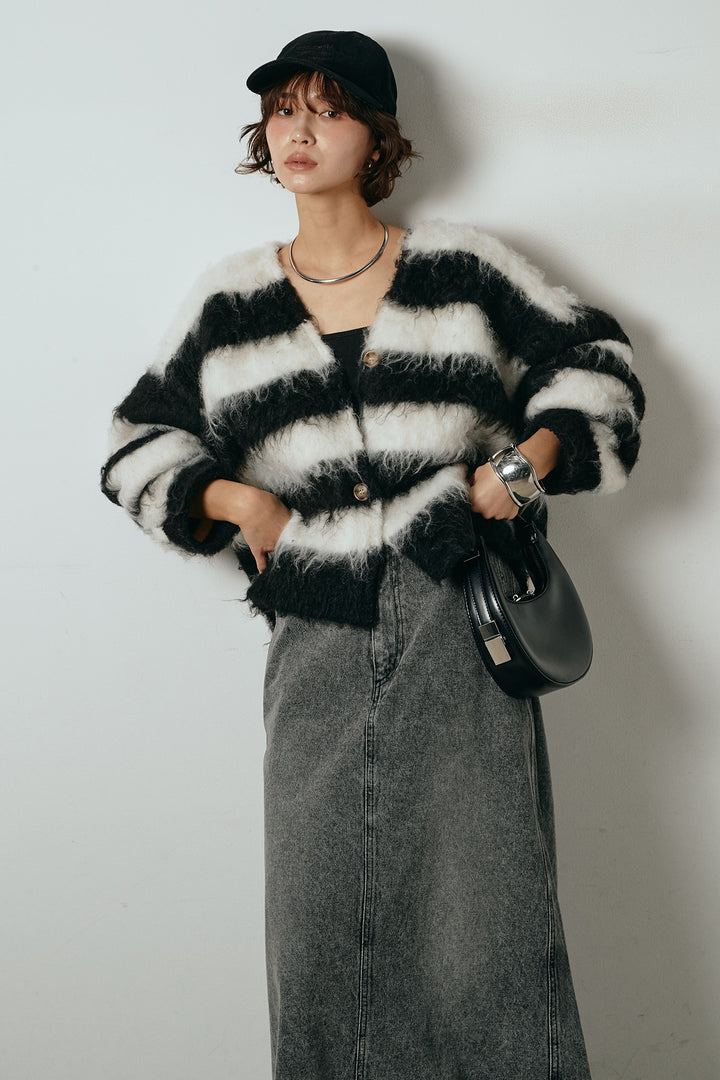 [SET]シャギーボーダー柄ニットカーディガン+デニムロングフレアスカート(2set)