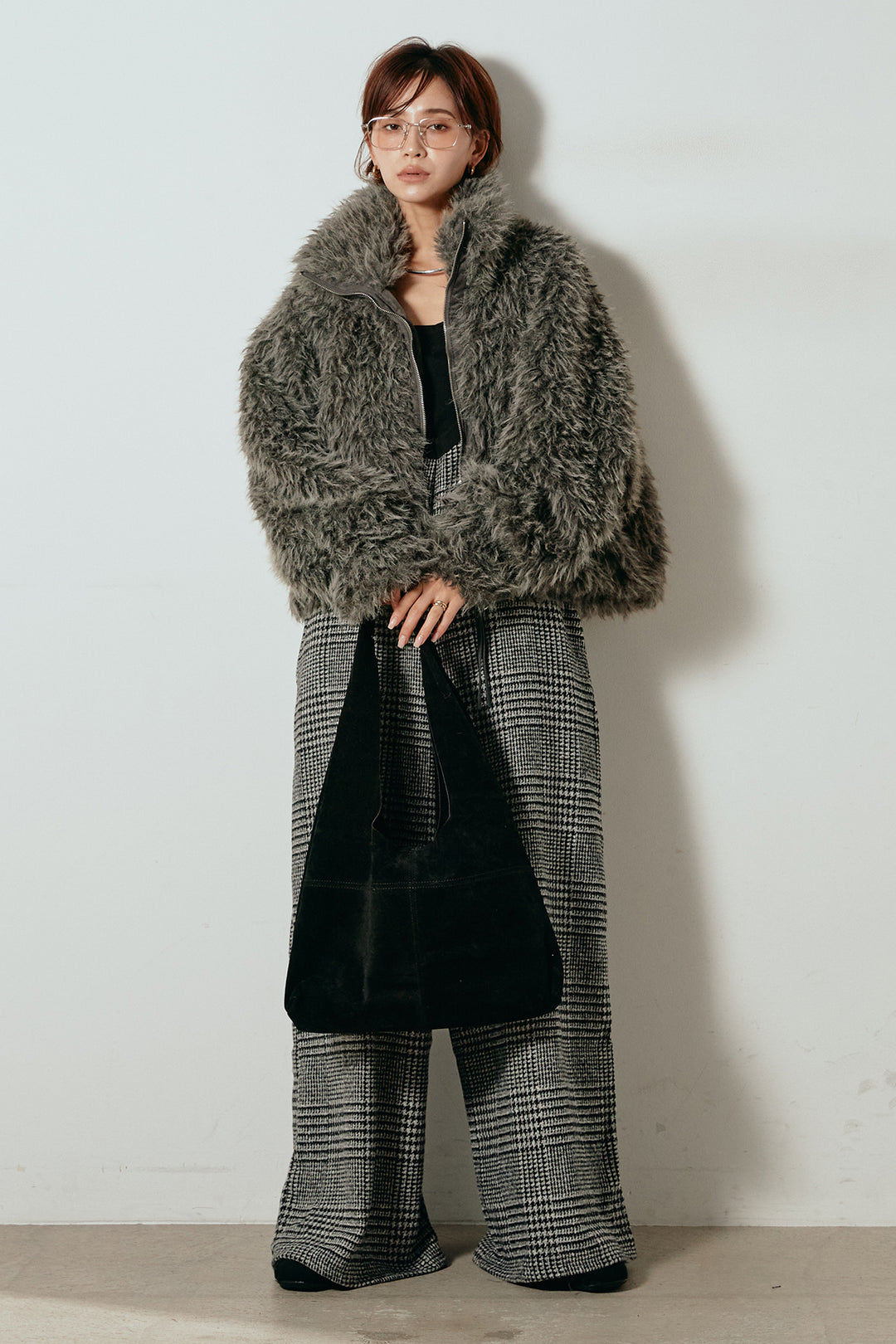 [SET]ミックスシープファースタンドブルゾン+前後2wayグレンチェック柄スカーチョサロペット(2set)