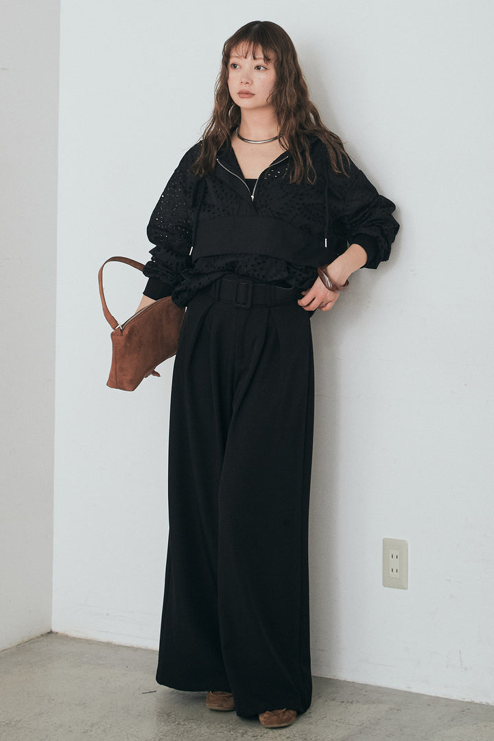 [SET]レースハーフジップアップフーディー+ベルト付きツータックワイドパンツ(2set)