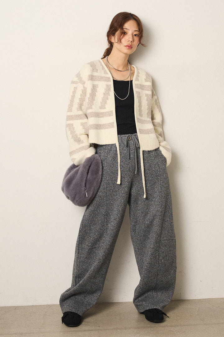 [SET]幾何学柄ノーカラーカーディガン+杢ニットフレアパンツ(2set)