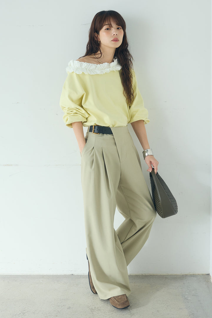 [SET]ネックギャザーフリルスウェット+サイドベルトタック入りスラックス(2set)