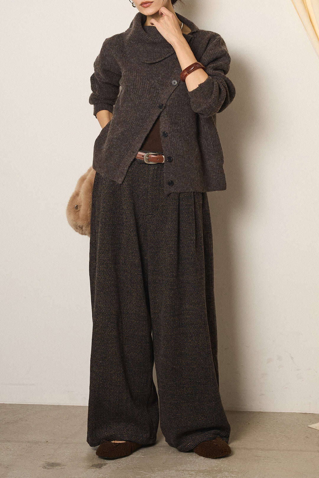 [SET]ボタンデザインネックニットプルオーバー+起毛タック入りツイードワイドパンツ(2set)