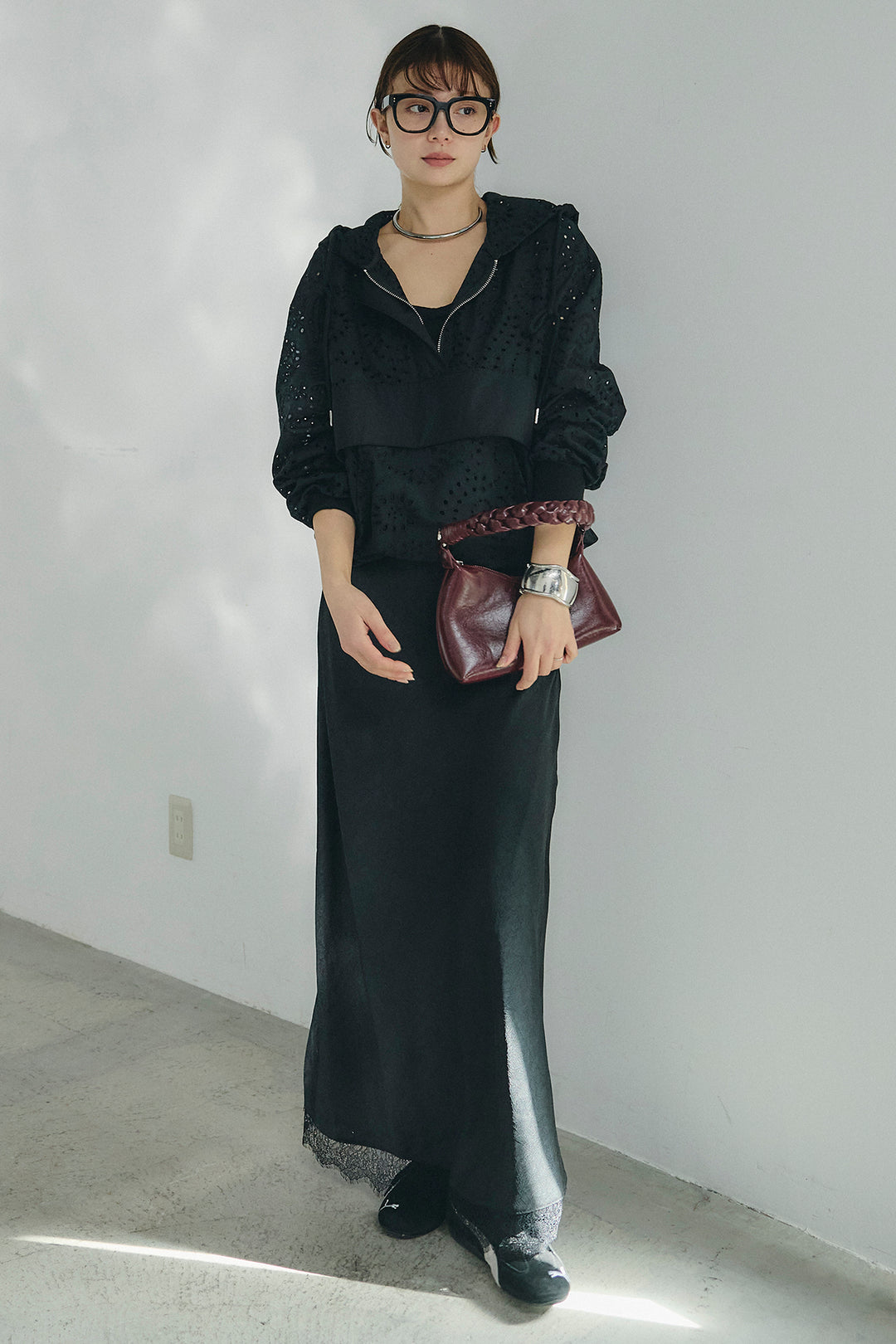 [SET]レースハーフジップアップフーディー+バイアスナローサテンスカート(2set)