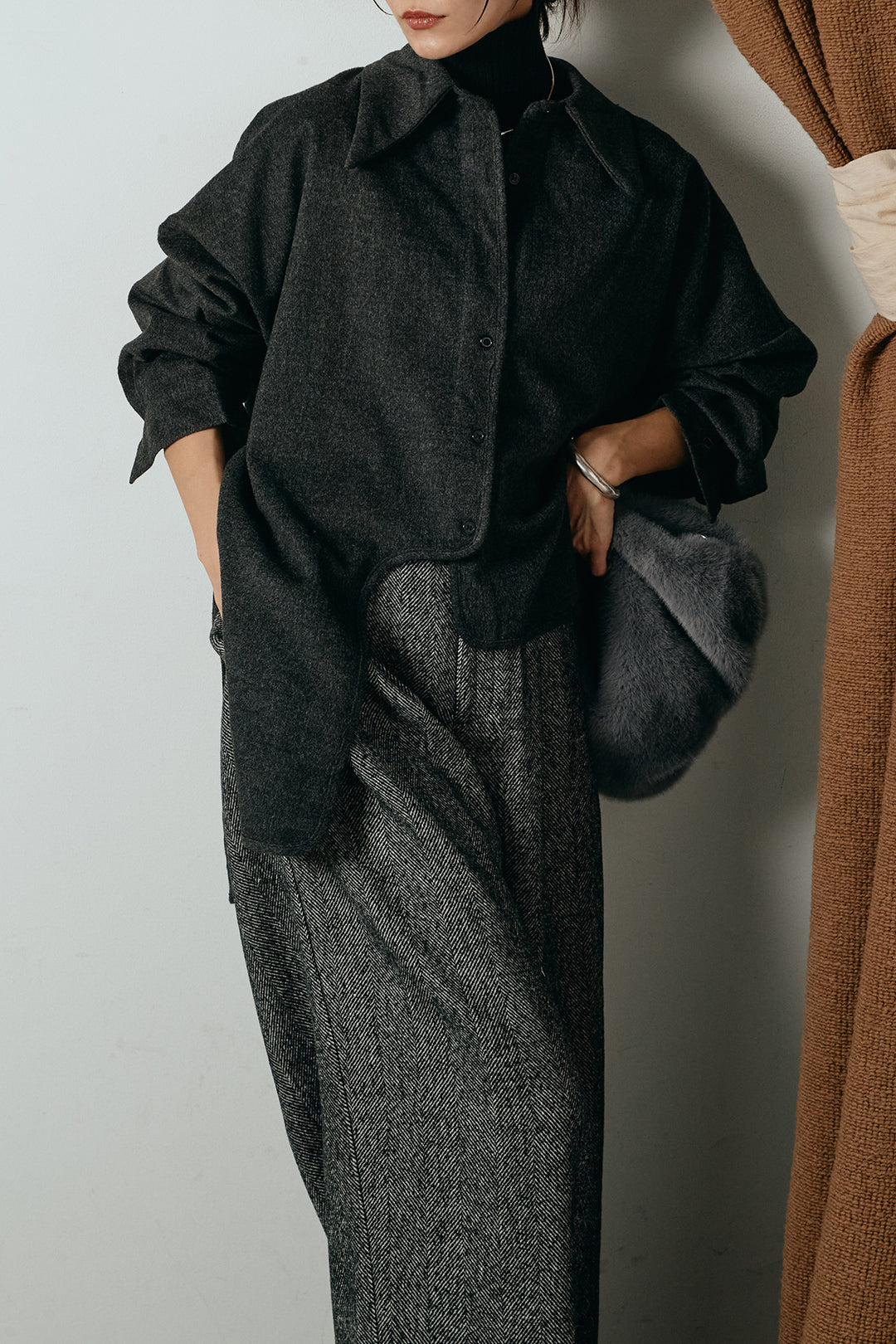 [SET]裾アシンメトリーデザインシャツ+タックツイードワイドパンツ(2set)