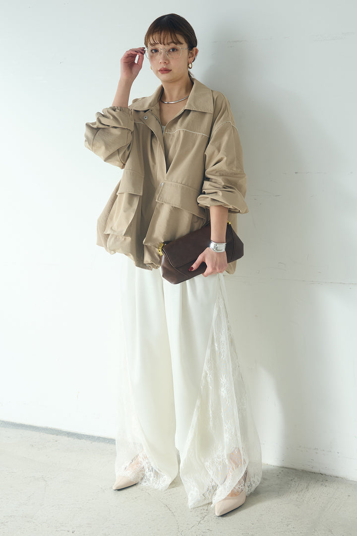 [SET]合繊ツイルバルーンジャケット+サテンレース切り替えタックパンツ(2set)