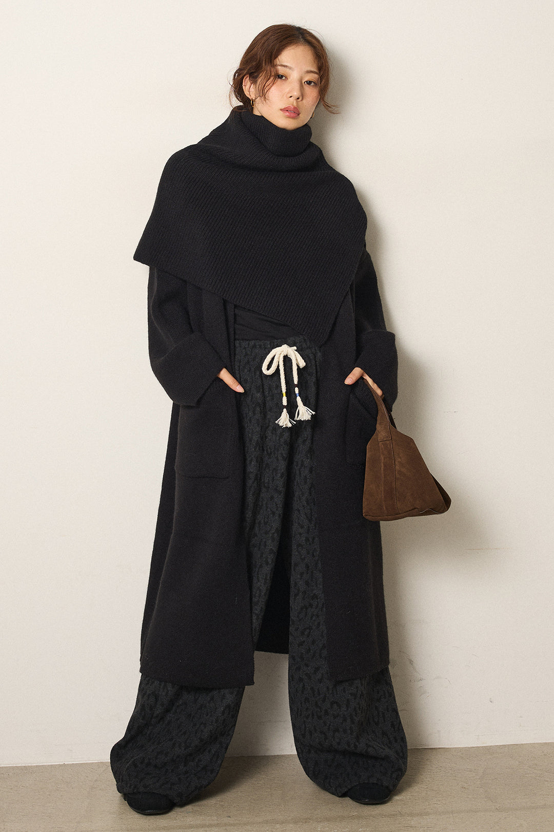 [SET]ケープレイヤードロングカーディガン+レオパードジャガードニットパンツ(2set)