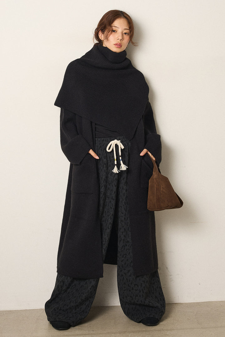 [SET]ケープレイヤードロングカーディガン+レオパードジャガードニットパンツ(2set)