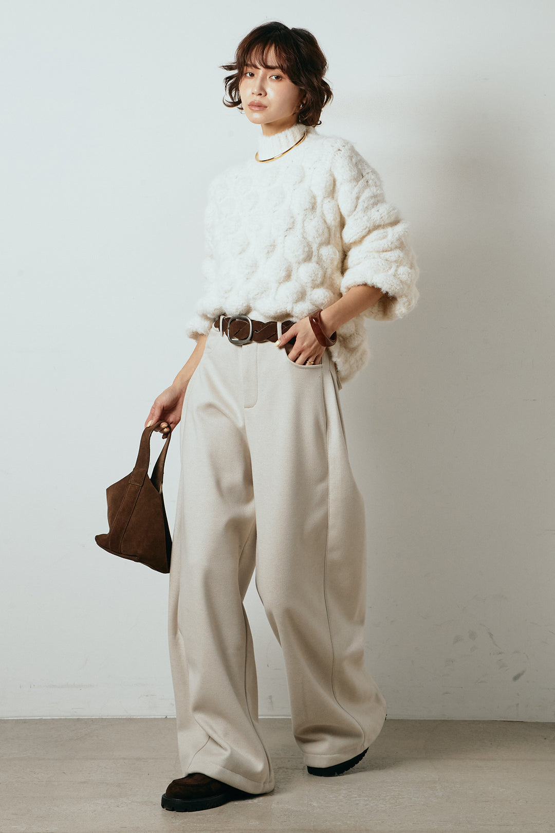 [SET]ボリュームポップコーンニットトップス+編みベルト付きワイドパンツ(2set)