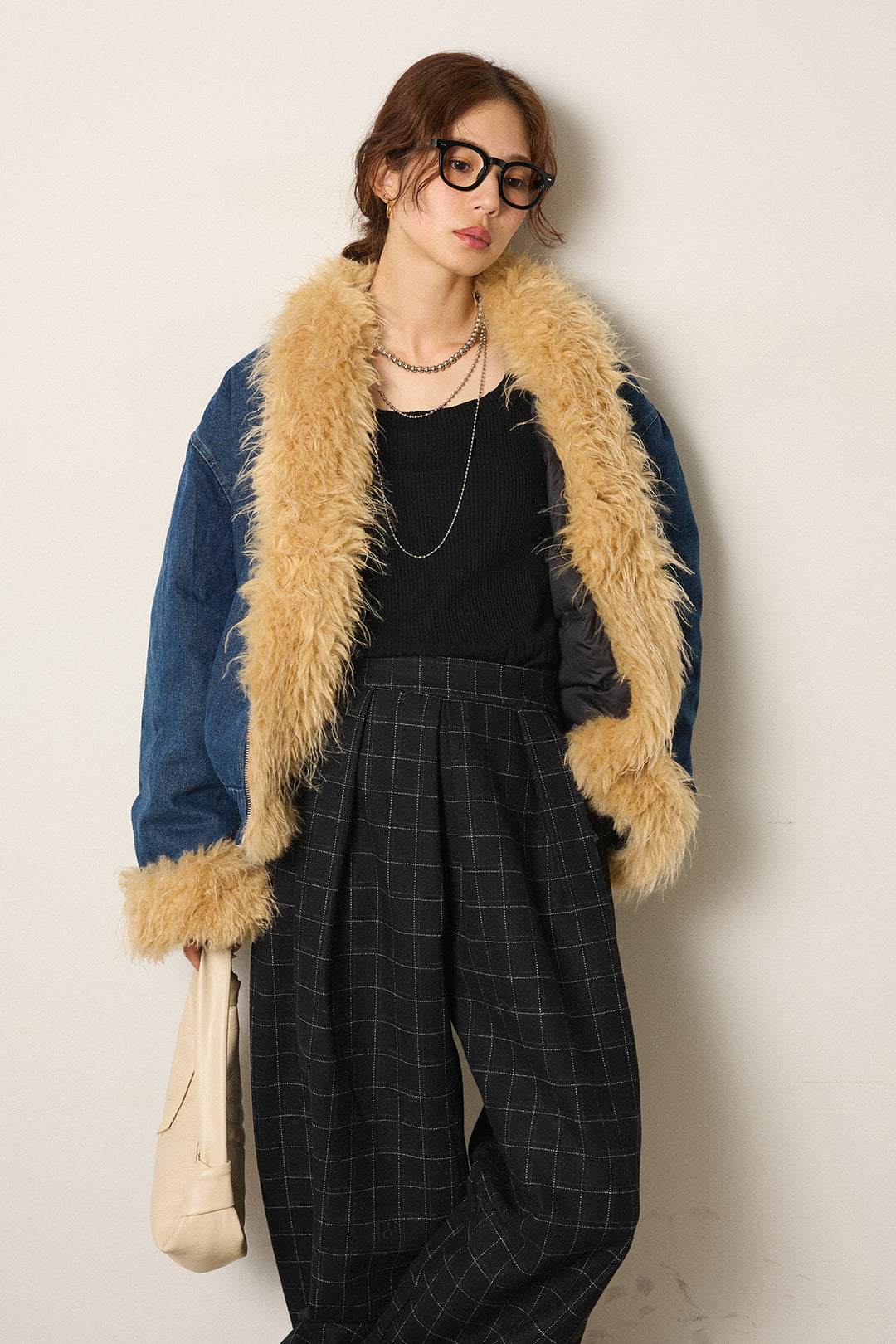 [SET]エコファーデニムボアジャケット+ウールライクチェックタックパンツ(2set)