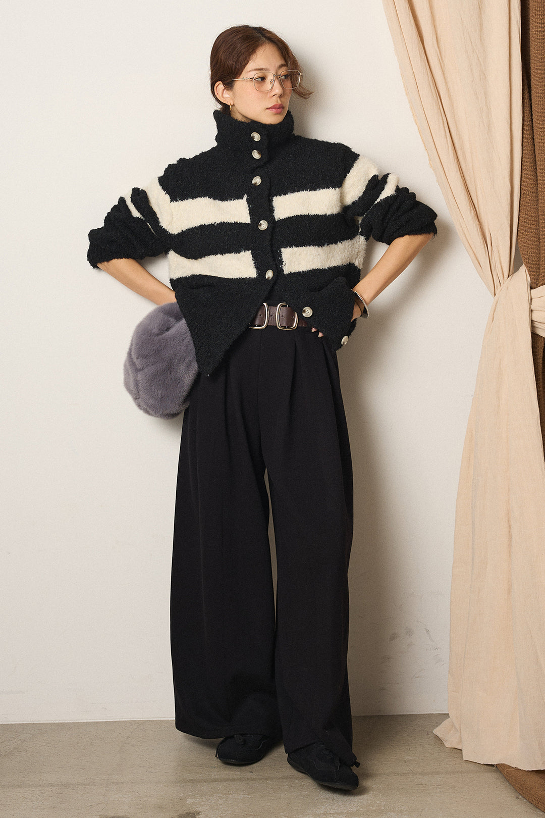 [SET]ハイネックボーダーニットカーディガン+フェイクレザー太ベルト付きタックワイドパンツ(2set)
