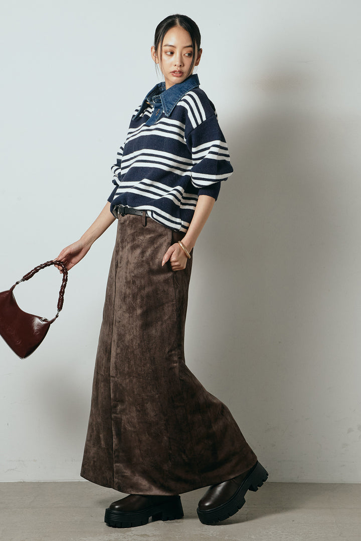 [SET]デニムレイヤード風ランダムボーダーニットプルオーバー+エコスウェードワイドスカート(2set)