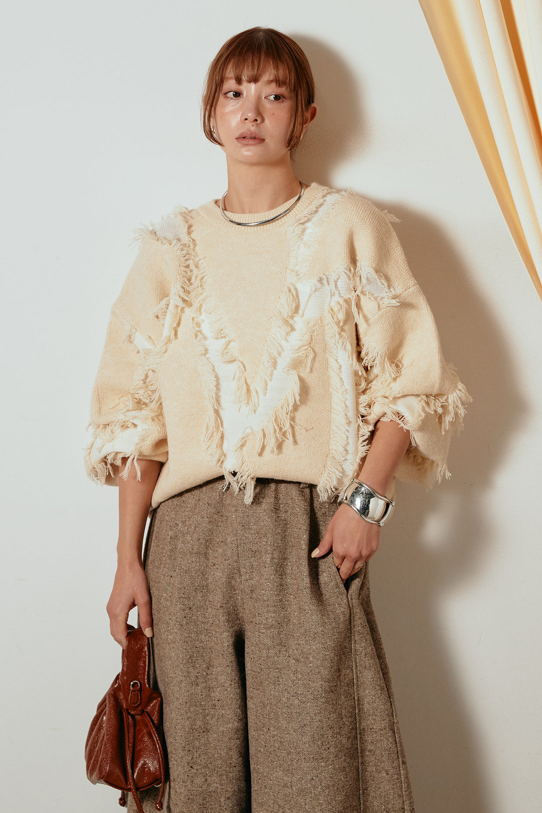 [SET]シャギージャガードニットトップス+ベルト付きネップツイードカーブパンツ(2set)