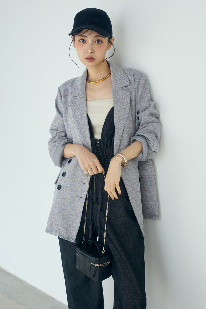 [SET]スラブネップツイードフリンジテーラードジャケット+デニムペプラムコンビネゾン(2set)