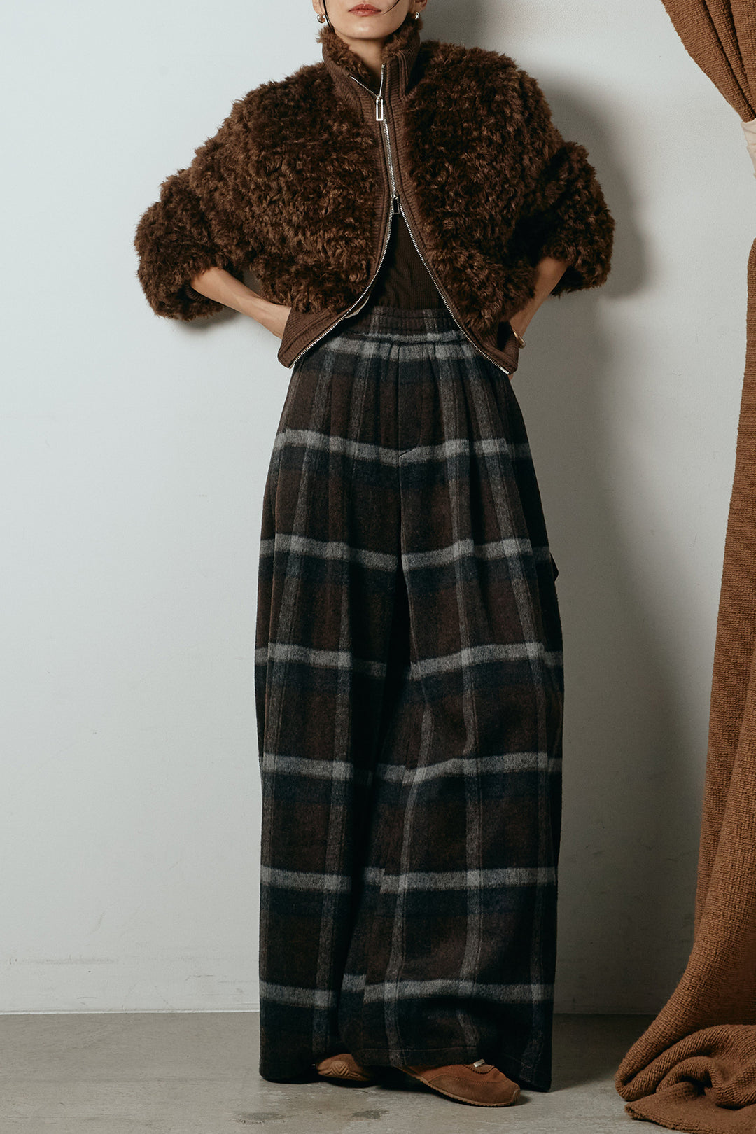 [SET]ハイネックショート丈ボアジップブルゾン+起毛タータンチェック柄ワイドパンツ(2set)
