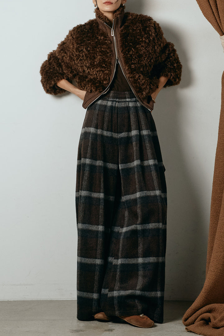 [SET]ハイネックショート丈ボアジップブルゾン+起毛タータンチェック柄ワイドパンツ(2set)