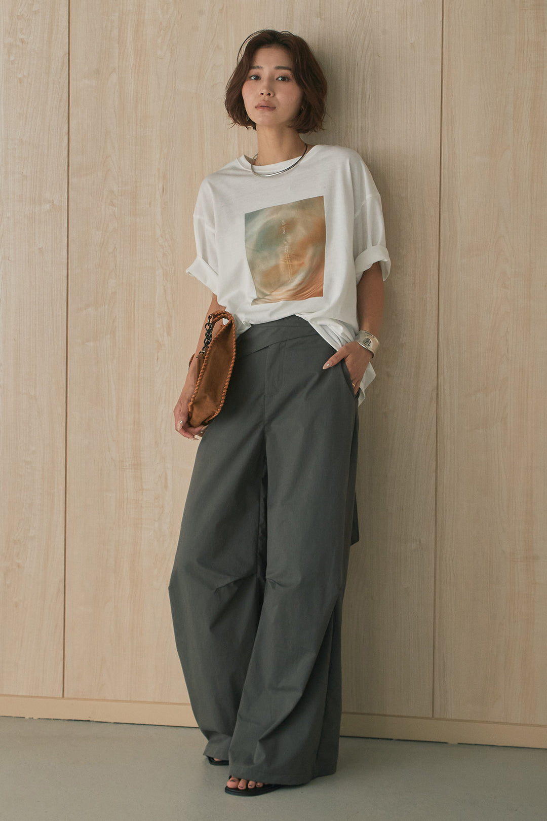 [SET]MarbleプリントTシャツ+ポケットベルト付きニーサイドタックパンツ(2set)