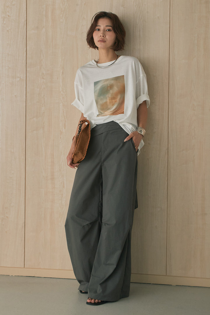 [SET]MarbleプリントTシャツ+ポケットベルト付きニーサイドタックパンツ(2set)