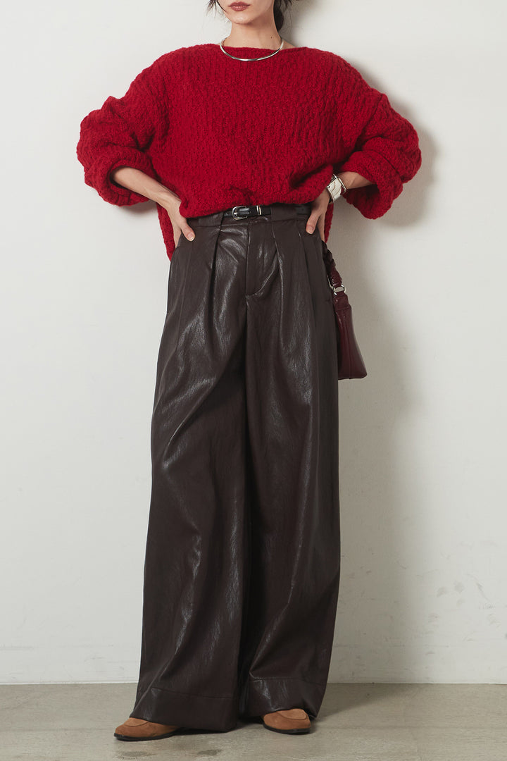 [SET]ボリューム編みニットプルオーバー+ベルト付きレザーライクタックパンツ(2set)