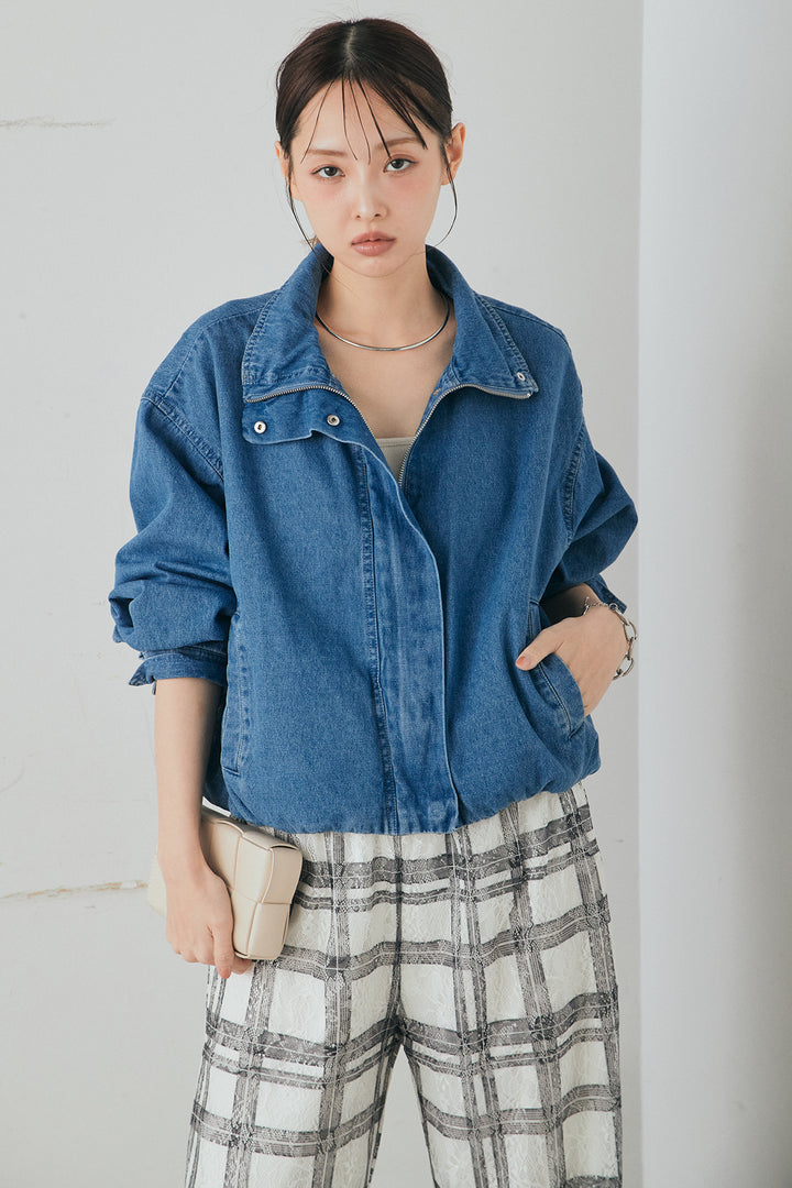 [SET]スタンドカラーデニムブルゾンジャケット+レースチェックワイドイージーパンツ(2set)