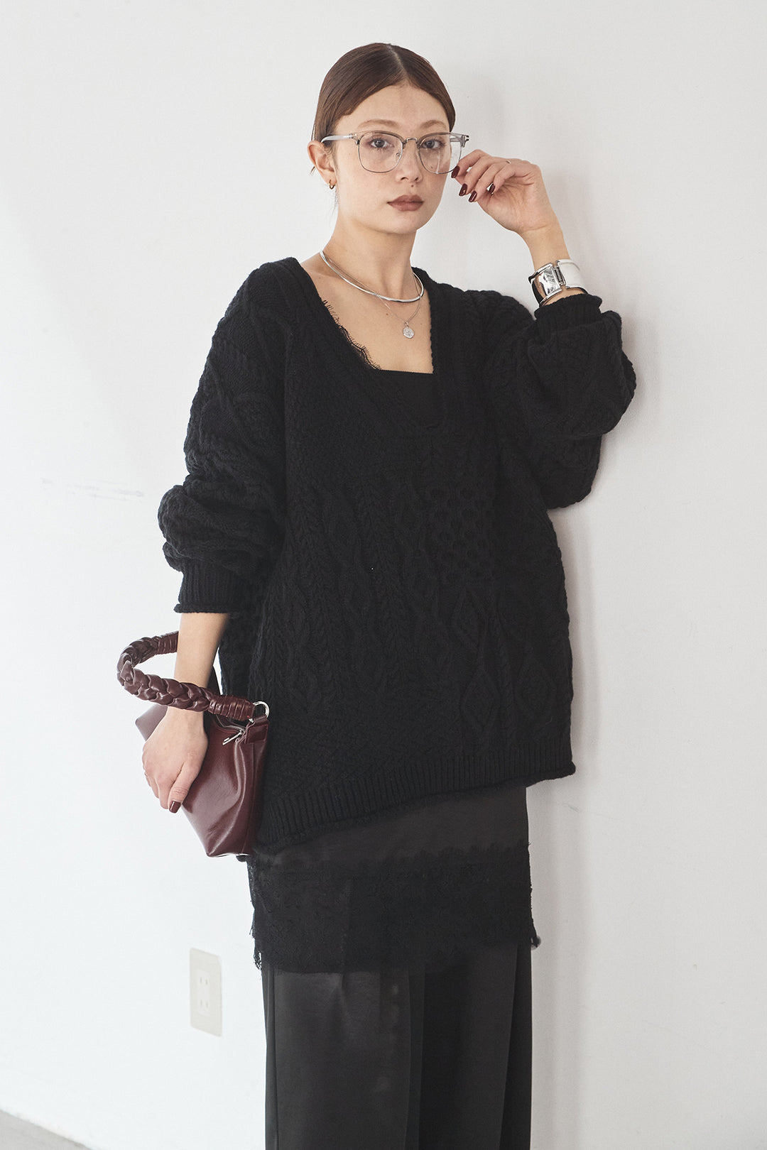 [SET]ケーブルVニットセーター+サテンタックワイドパンツ(2set)