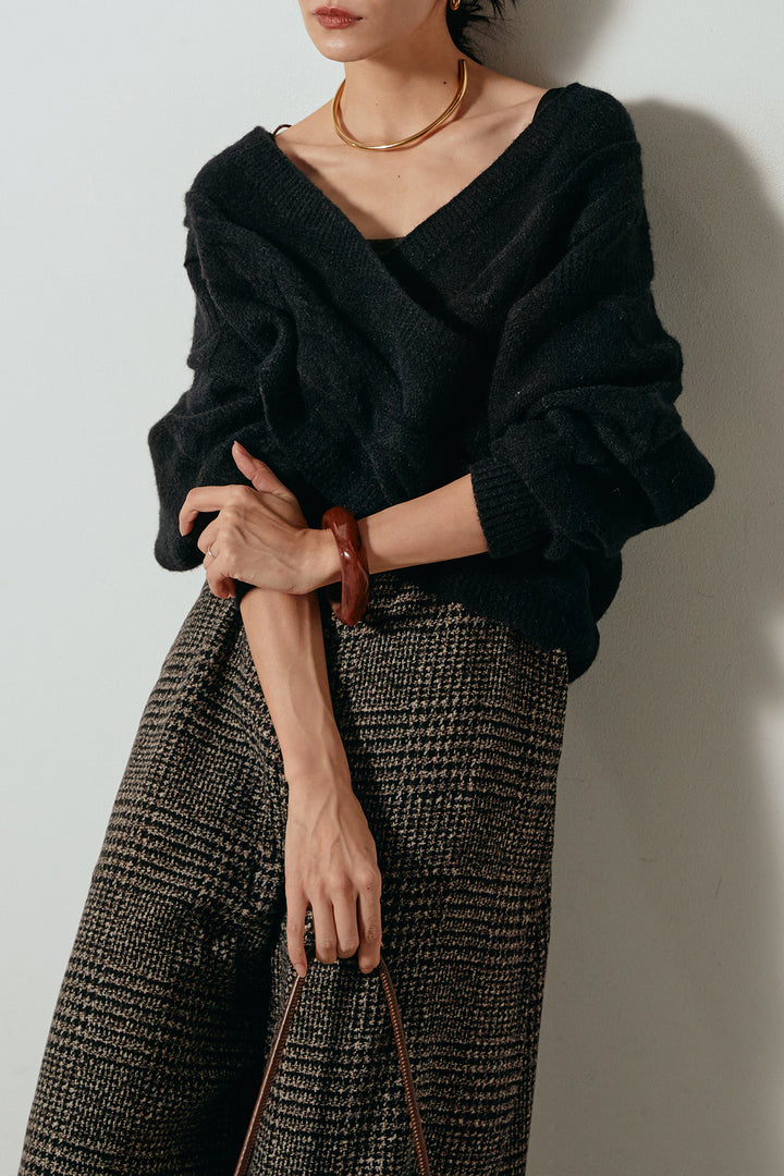 [SET]ケーブルカシュクールニットトップス+前後2wayグレンチェック柄スカーチョサロペット(2set)