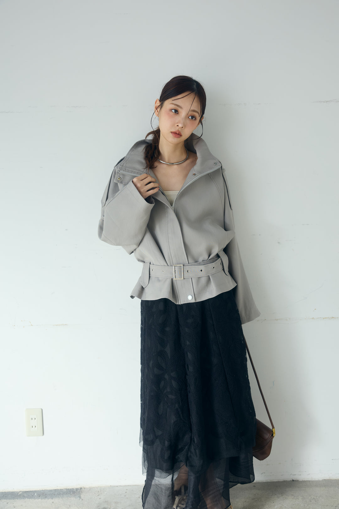 [SET]ベルト付きスタンドネックアウター+ニュアンス柄刺繍スカート(2set)