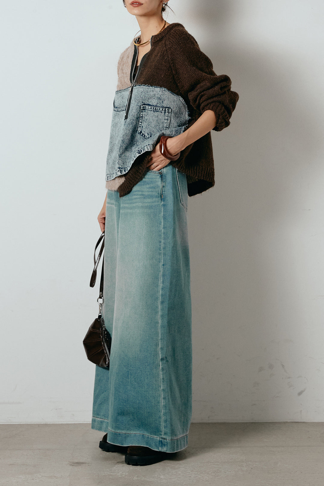 [SET]ハーフジップニットデニムドッキングトップス+ウエストダブルボタンワイドデニムパンツ(2set)