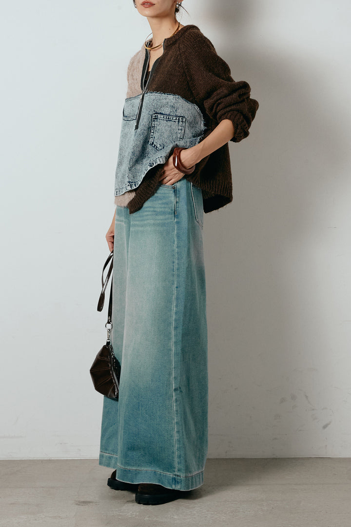 [SET]ハーフジップニットデニムドッキングトップス+ウエストダブルボタンワイドデニムパンツ(2set)