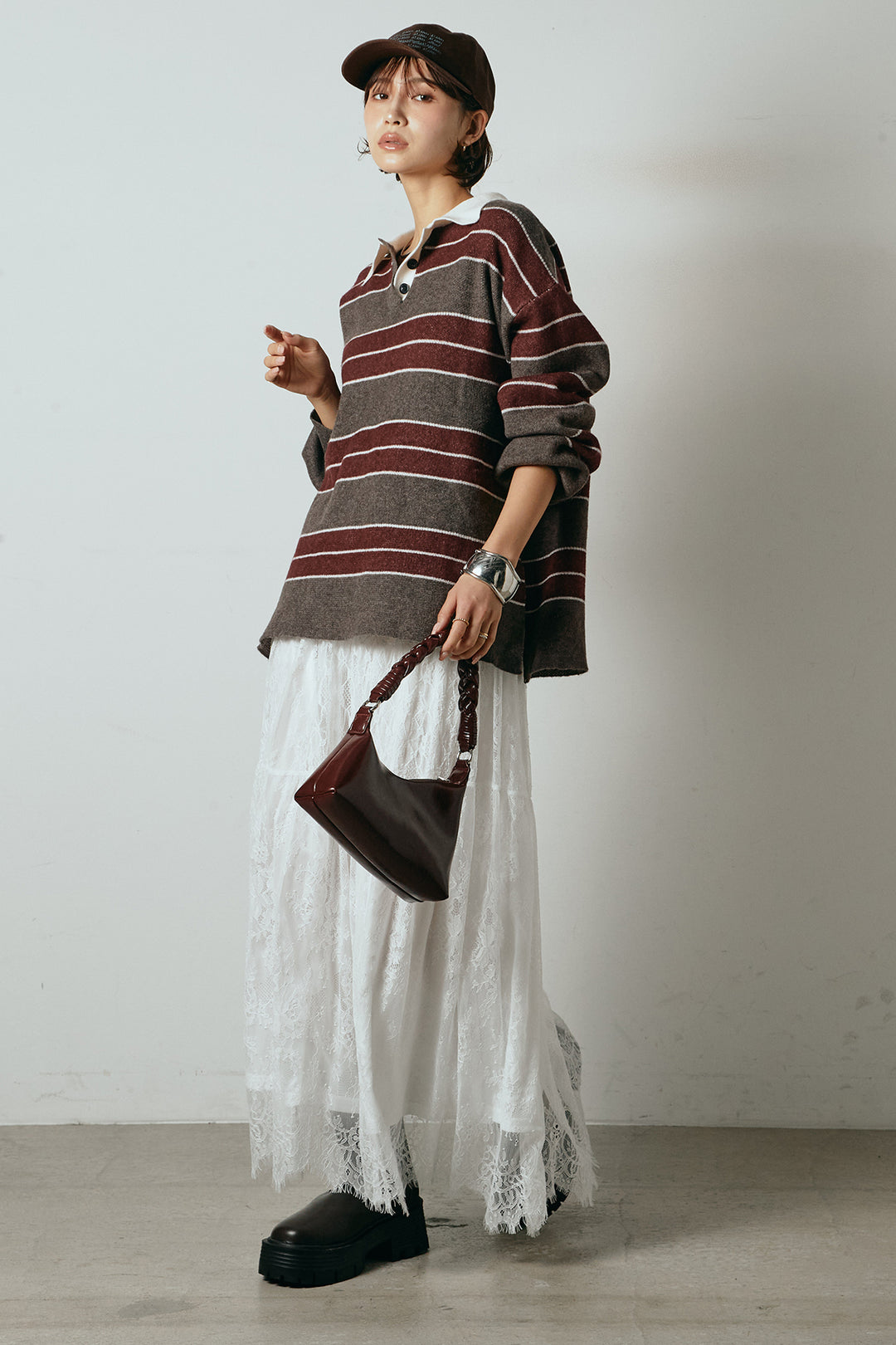 [SET]ラガーニットボーダーポロプルオーバー+ひげレース切替ロング丈スカート(2set)