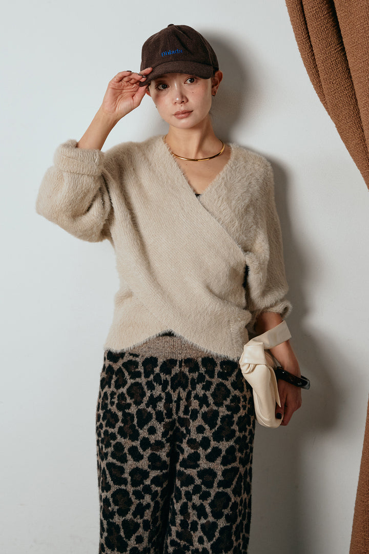 [SET]シャギーカシュクールニットトップス+リラックスレオパード柄ニットパンツ(2set)