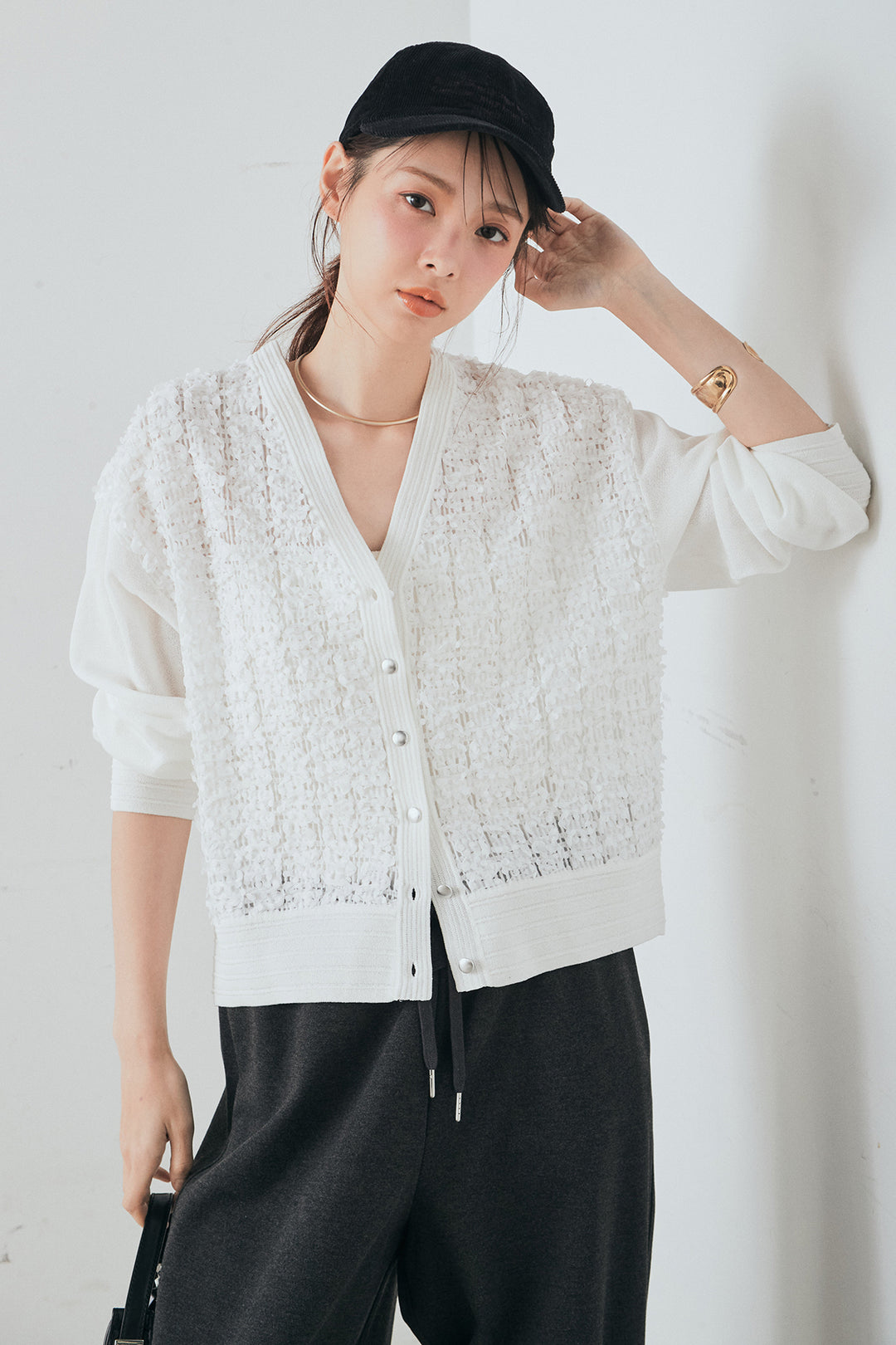 [SET]モコレースVネックカーディガン+カットダンボールウエストフリルカーブパンツ(2set)