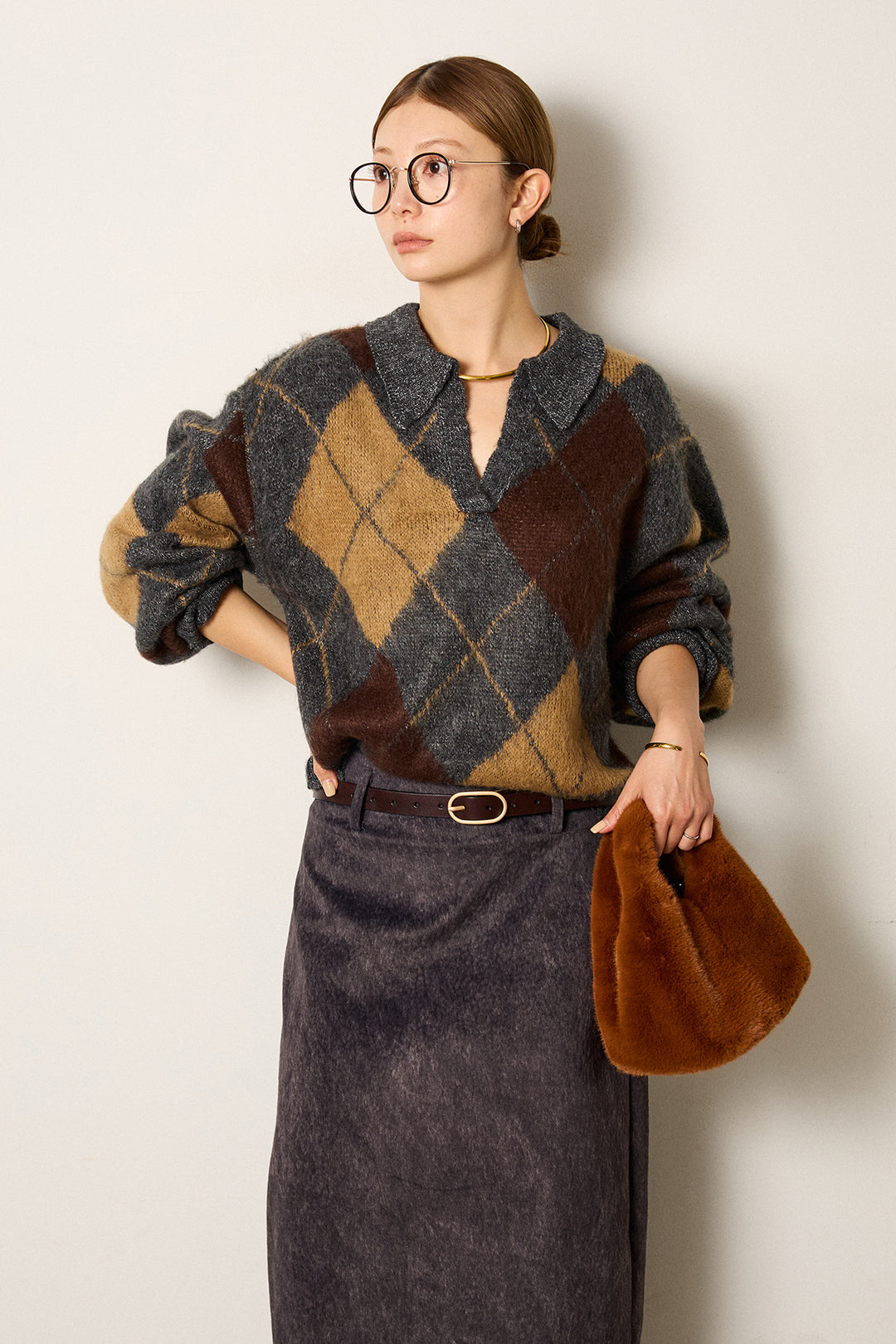 [SET]アクリルモヘアアーガイルキーネックプルオーバー+ロープベルト付きスウェード調スカート(2set)