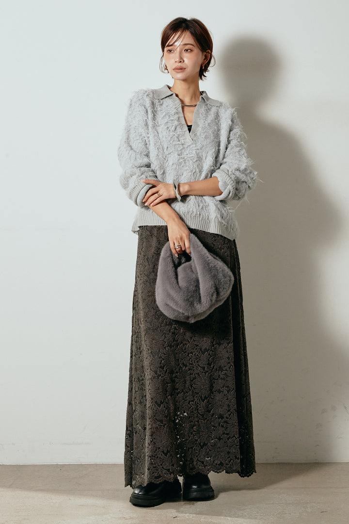 [SET]襟付きシャギーニットポロトップス+花柄刺繍ベロアフレアスカート(2set)