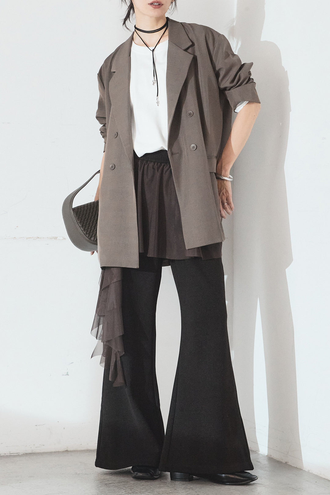 [SET]ルーズシルエットダブルテーラードジャケット+チュールレイヤードニットパンツ(2set)