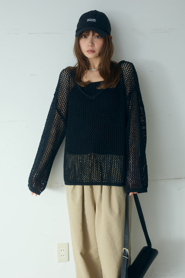 [SET]メッシュ編みビスチェセットVネックプルオーバー+シアサッカーイージーパンツ(2set)