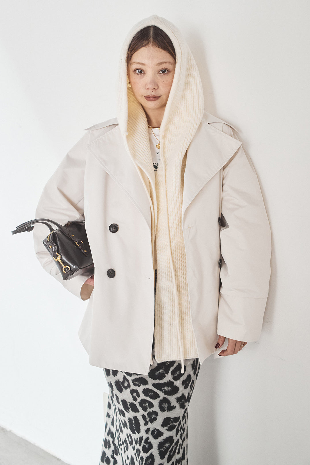 [SET]ナイロントレンチコート+レオパードサテンナロースカート(2set)