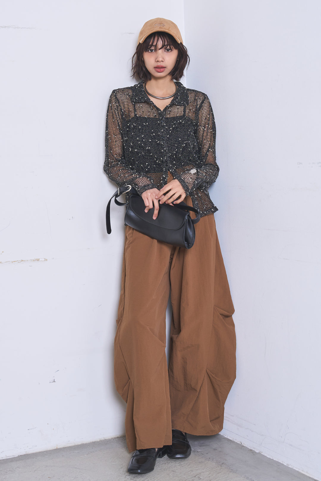 [SET]ネップメッシュポロ襟カーディガン+ドライタフタタックバレルパンツ(2set)